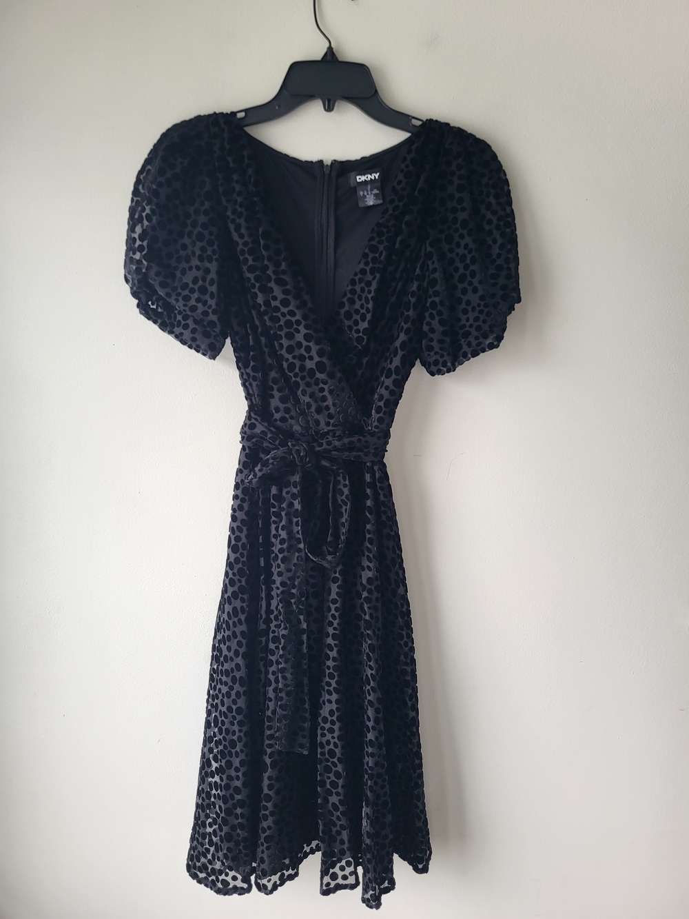 DKNY Black Velvet Polka Dot Wrap Whimsigoth Goth Chic Feminine Romantic Dress